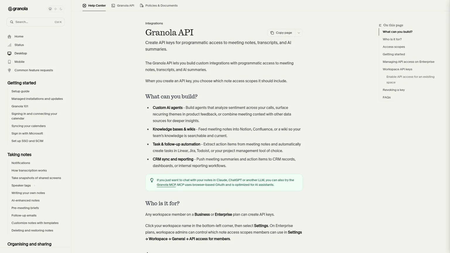 Granola API 帮助页说明个人、公开笔记及工作区访问范围