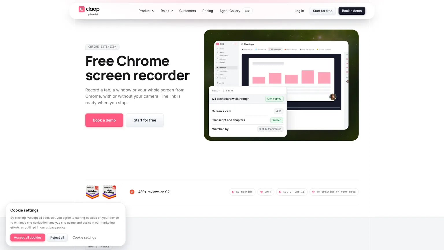 非同期動画と注釈を使った共同作業を紹介するClaapのChrome画面録画ページ