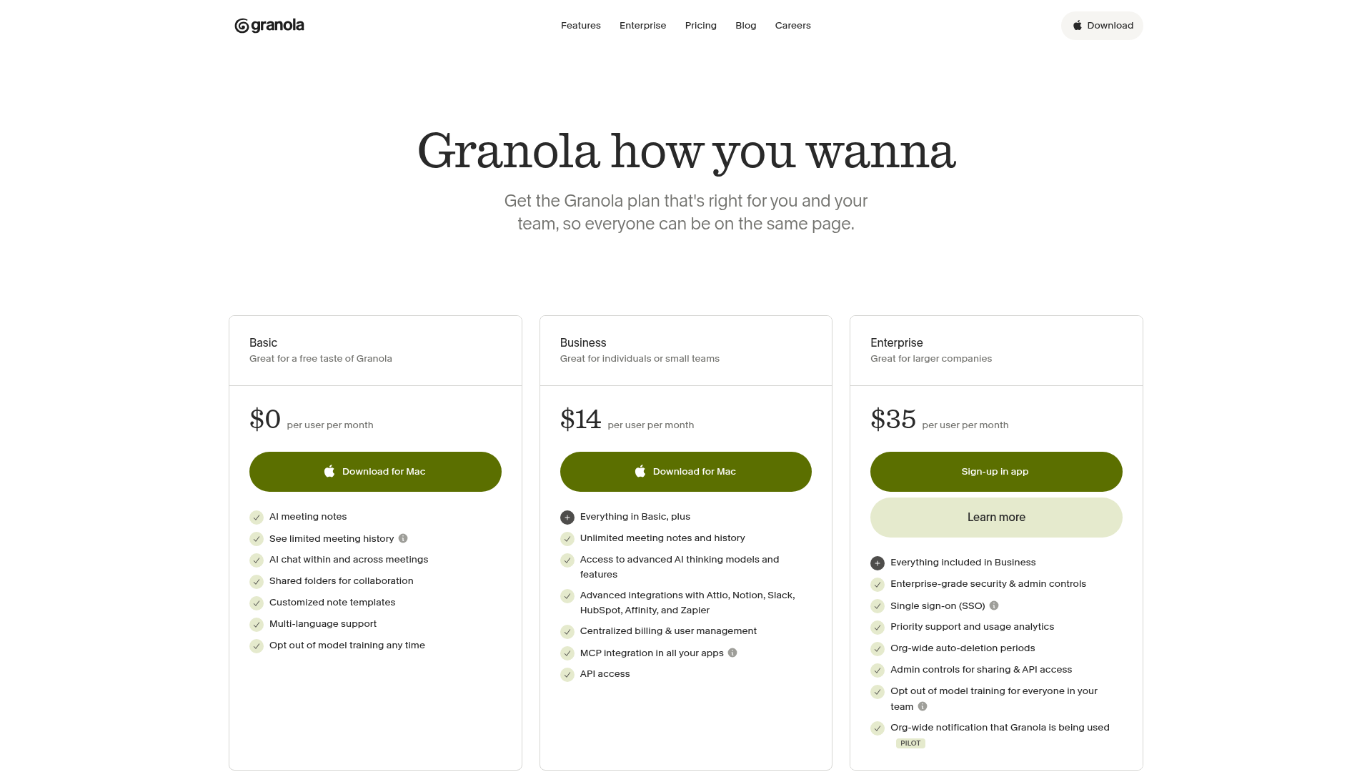 Granola pricing page showing Basic, Business, and Enterprise plans