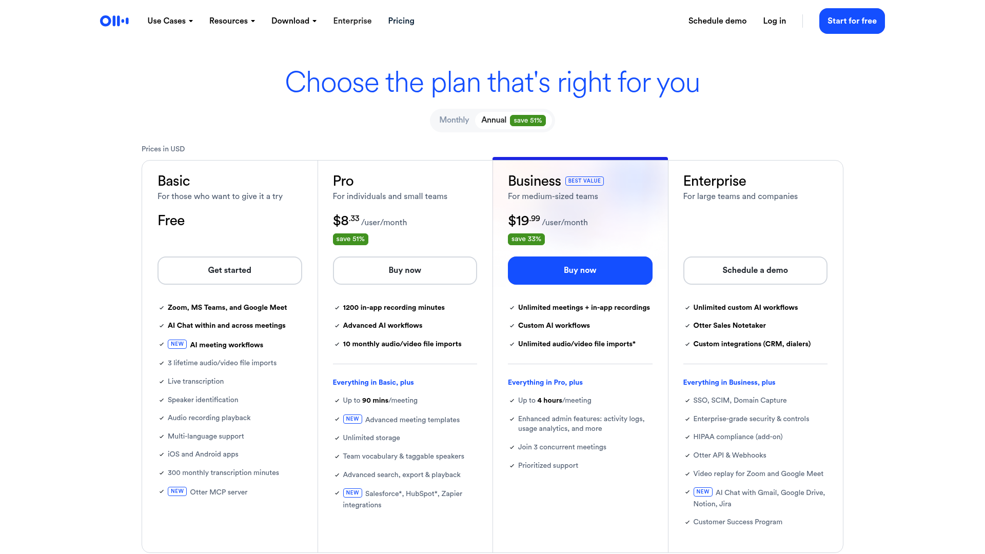 Otter.ai pricing page showing Basic, Pro, Business, and Enterprise
