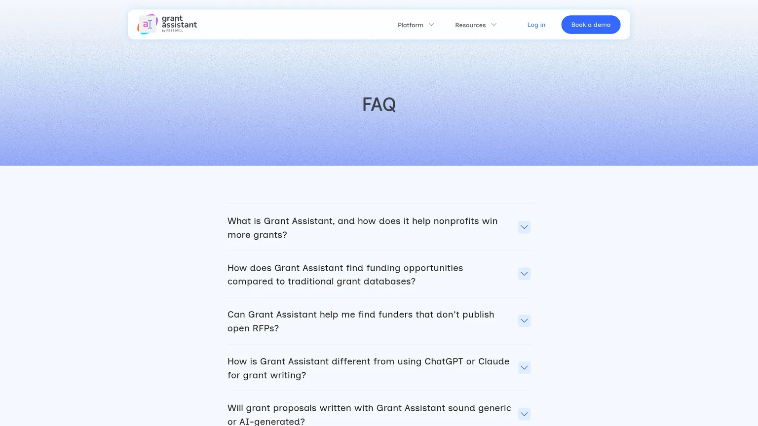 Grant Assistant FAQ page with its custom pricing answer