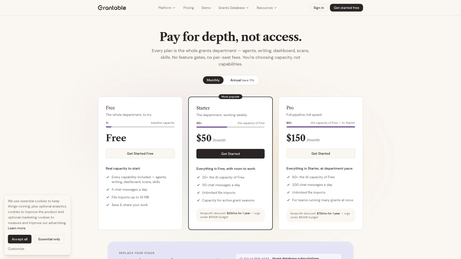 Grantable plan page with Free, Starter, and Pro plans