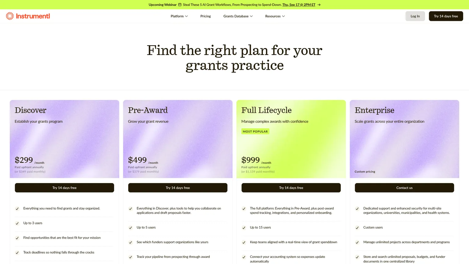 Instrumentl pricing page with Discover, Pre-Award, Full Lifecycle, and Enterprise plans
