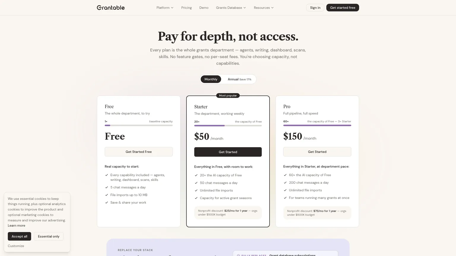 Grantable production pricing page showing Free, Starter, and Pro plans