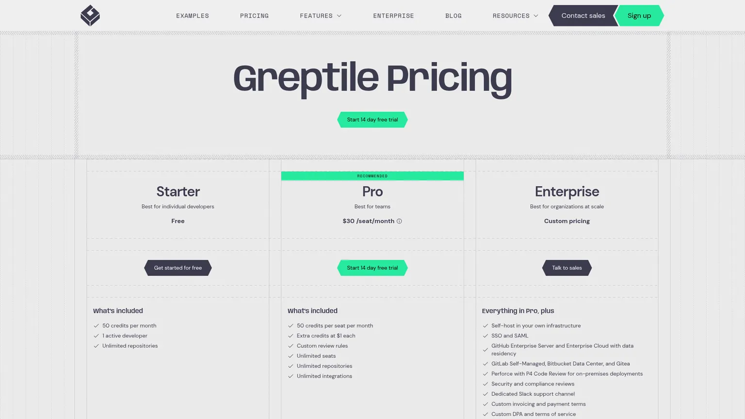 Página de precios de Greptile con sus planes actuales basados en créditos
