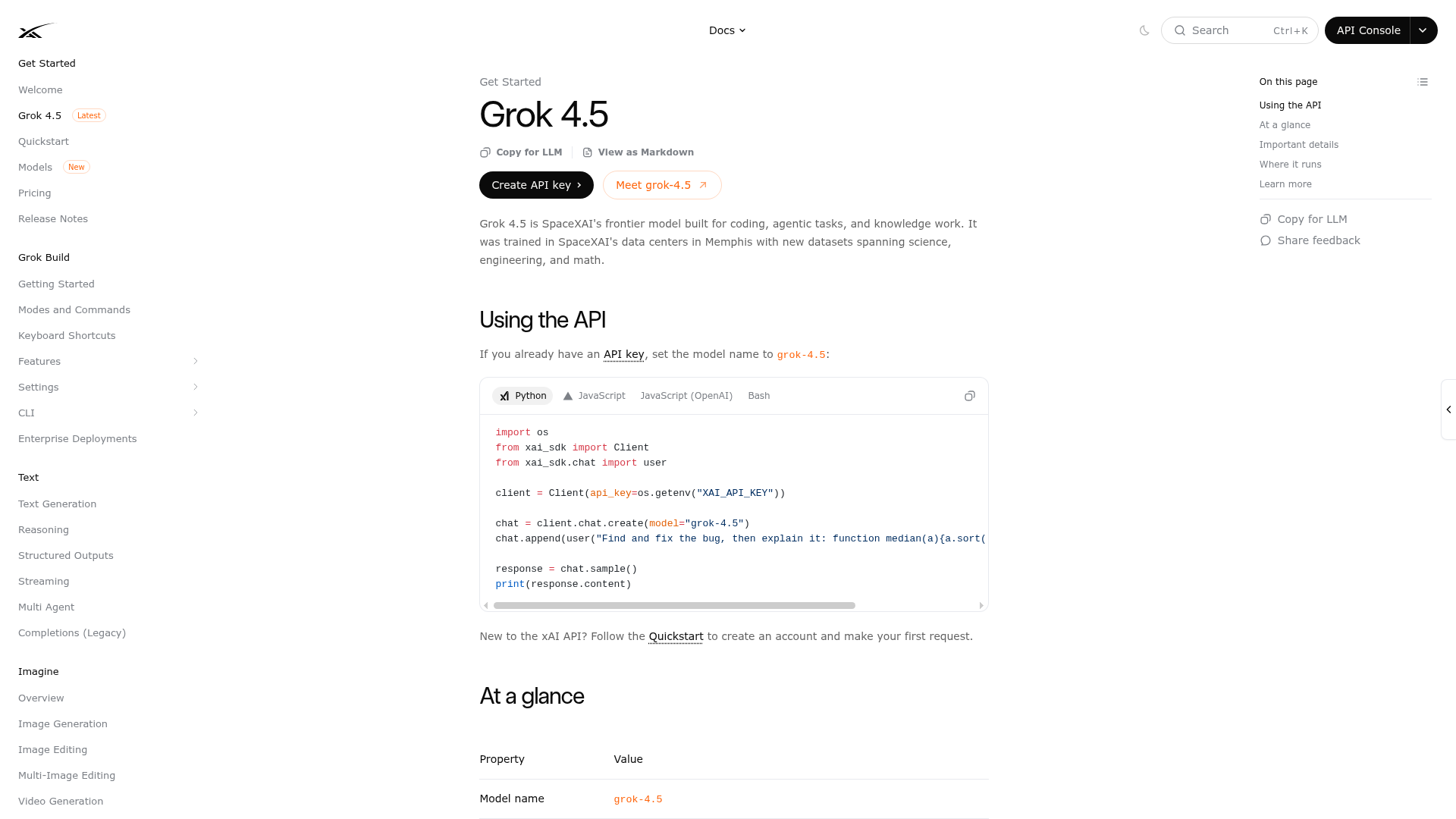 SpaceXAI Grok 4.5 model documentation showing pricing, capabilities, and access