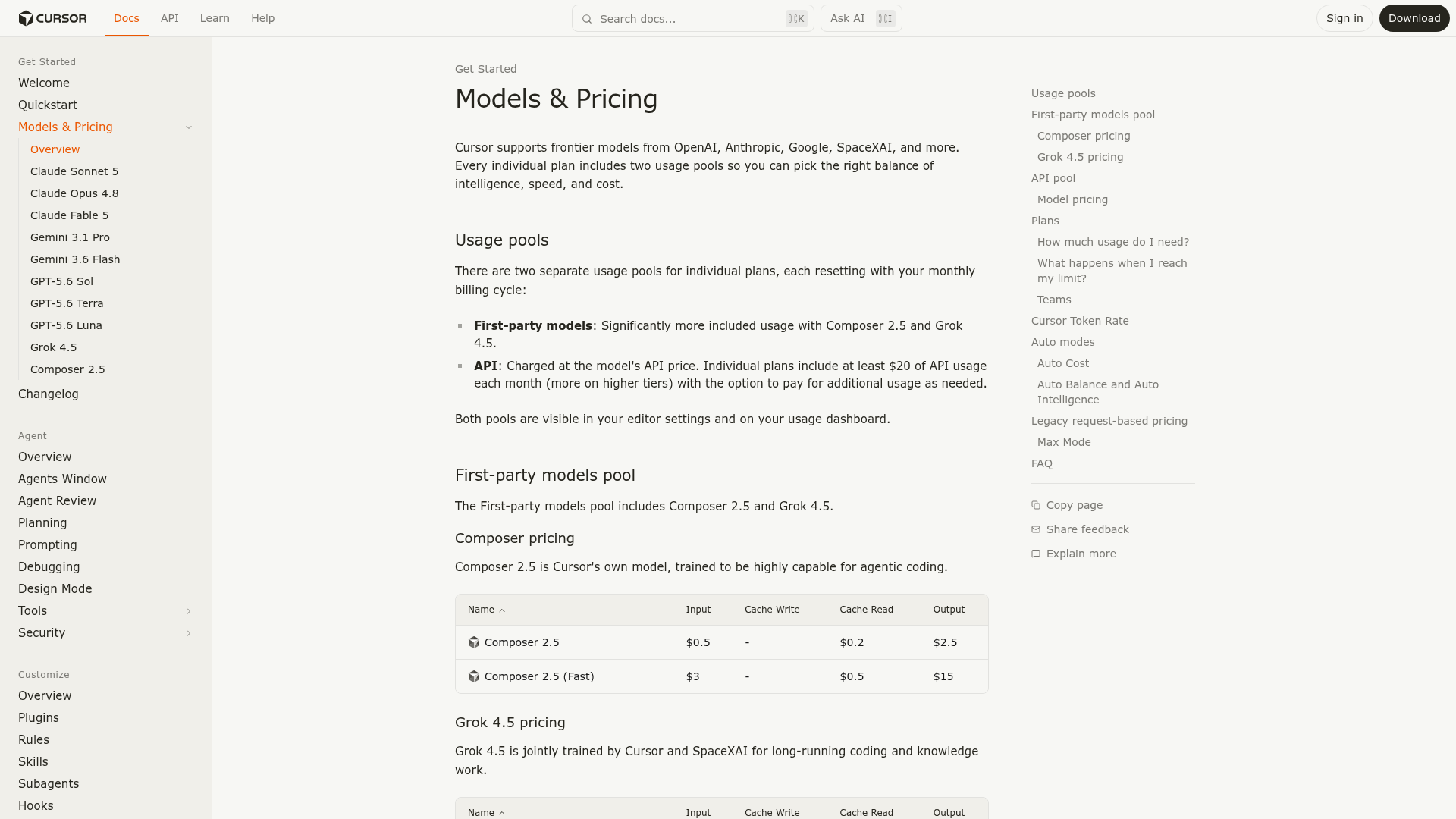 Cursor models and pricing page with Grok 4.5 and competing model token rates
