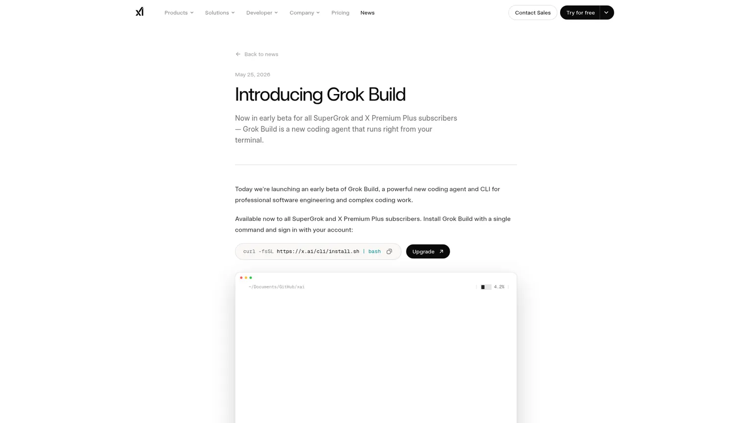 xAI 的 Grok Build CLI 发布页面