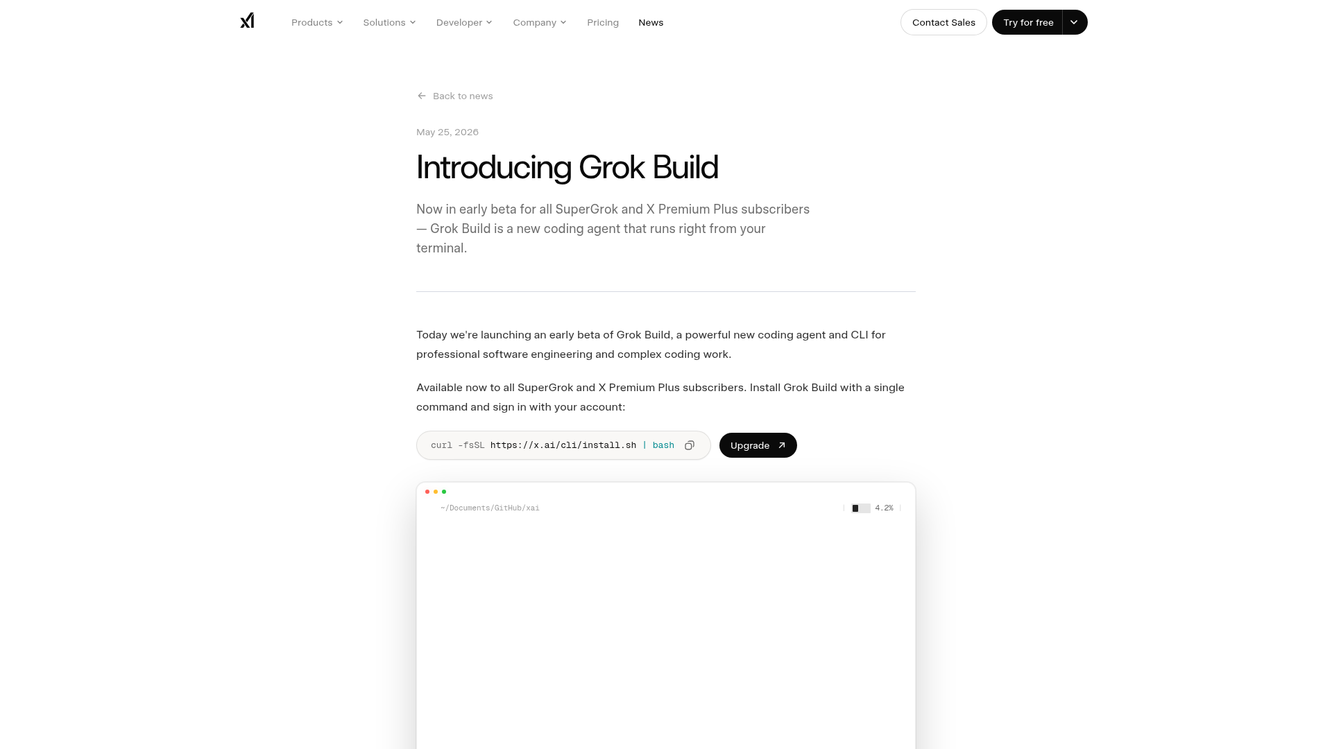Grok Build CLI launch page from xAI