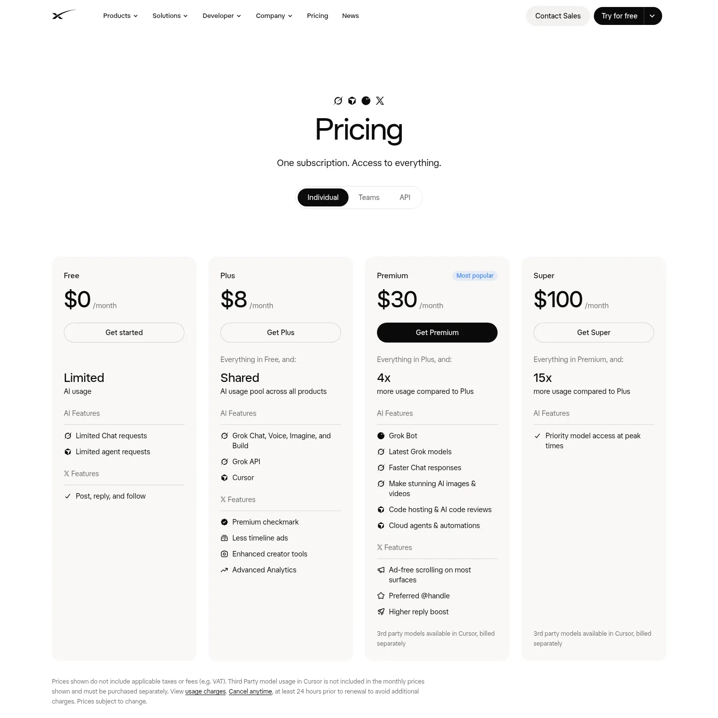صفحة أسعار Grok تعرض خطط The X Subscription وحصة الاستخدام المشتركة