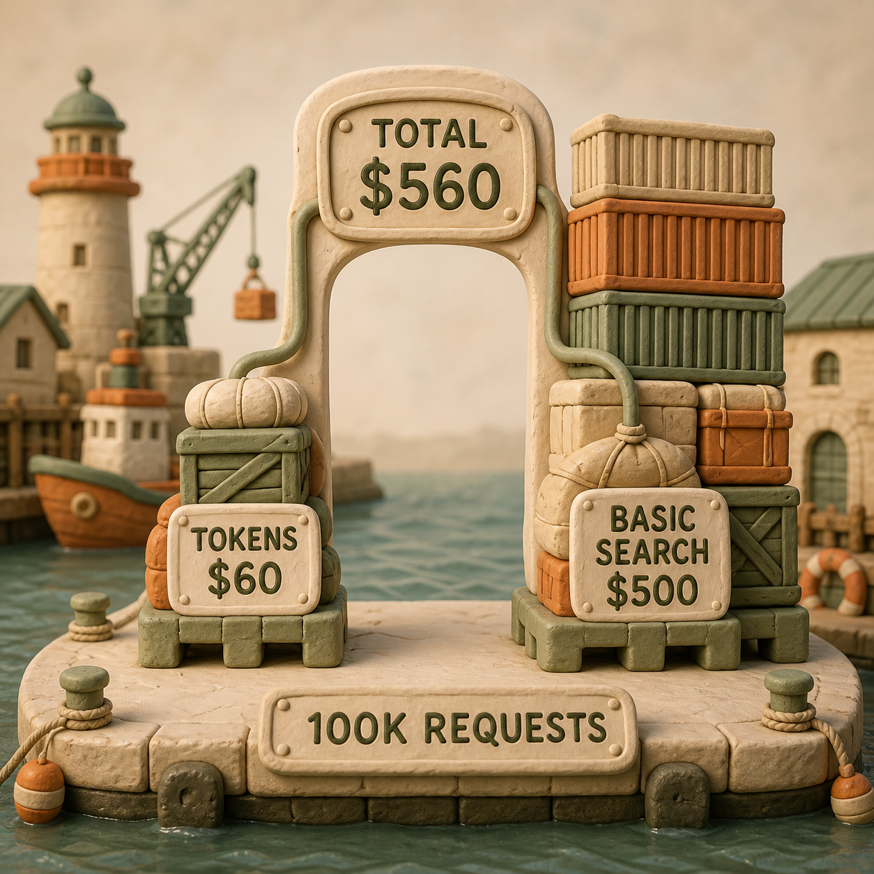 Cost columns comparing 60 dollars of GPT-OSS tokens with 500 dollars of Basic Search charges