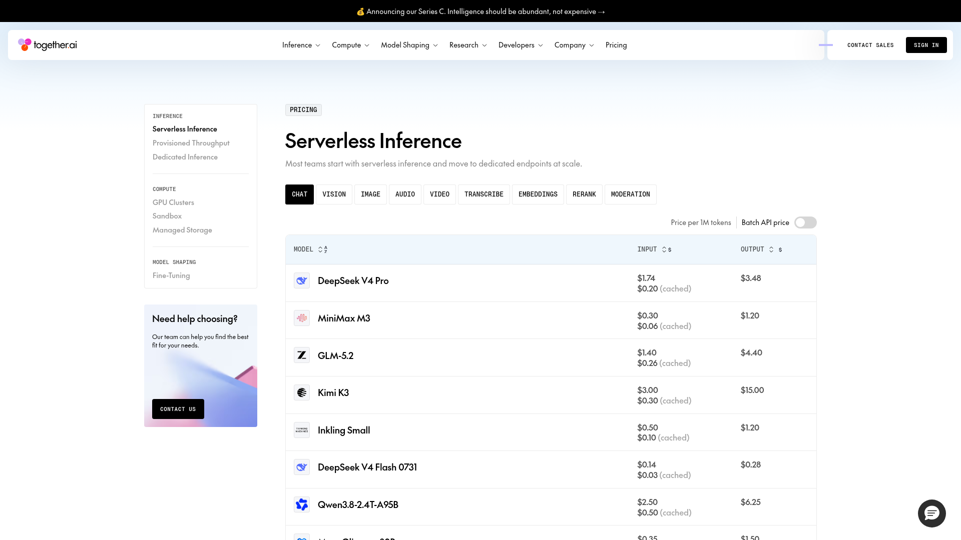 Together AI live serverless pricing page showing GPT-OSS 120B rates