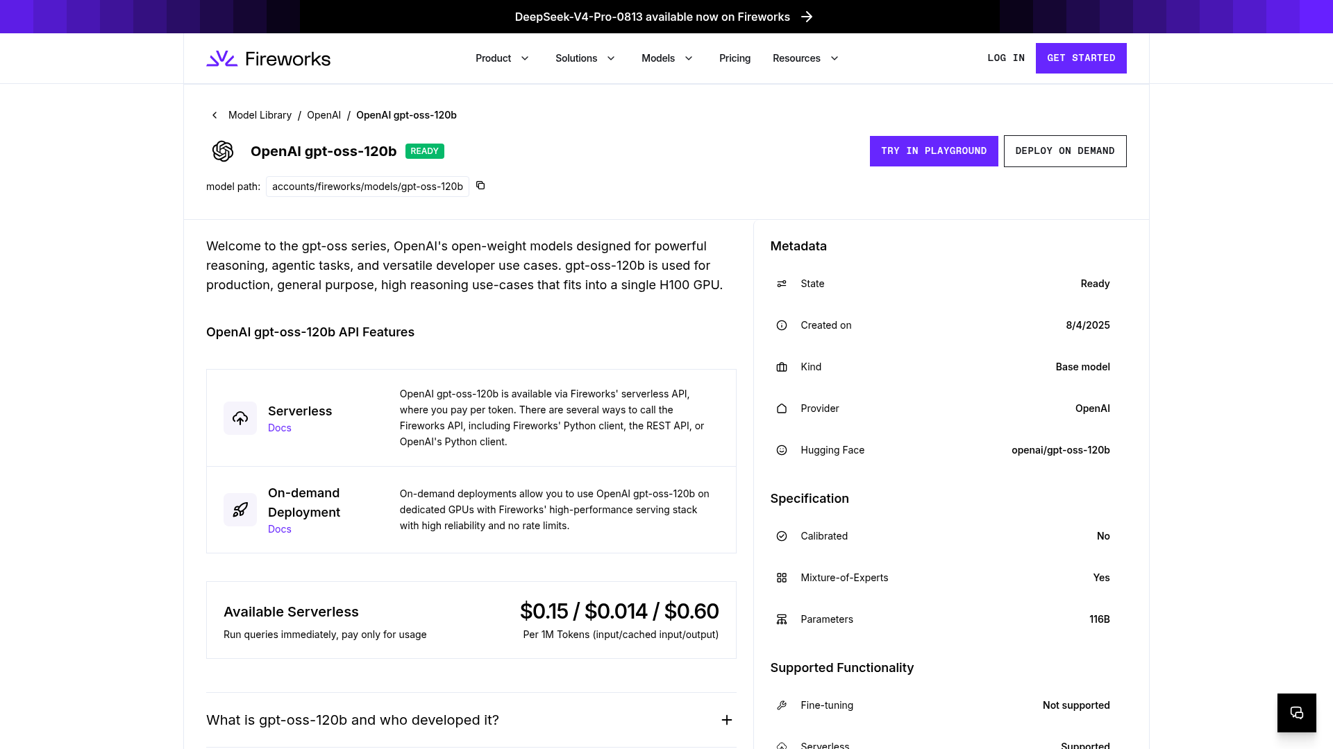Fireworks AI GPT-OSS 120B model page with standard and cached token prices