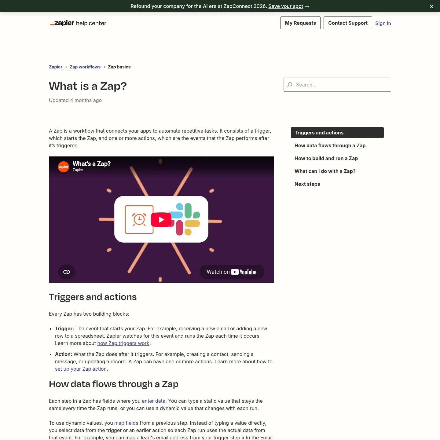 Zapier 文档,介绍触发器、操作和字段映射