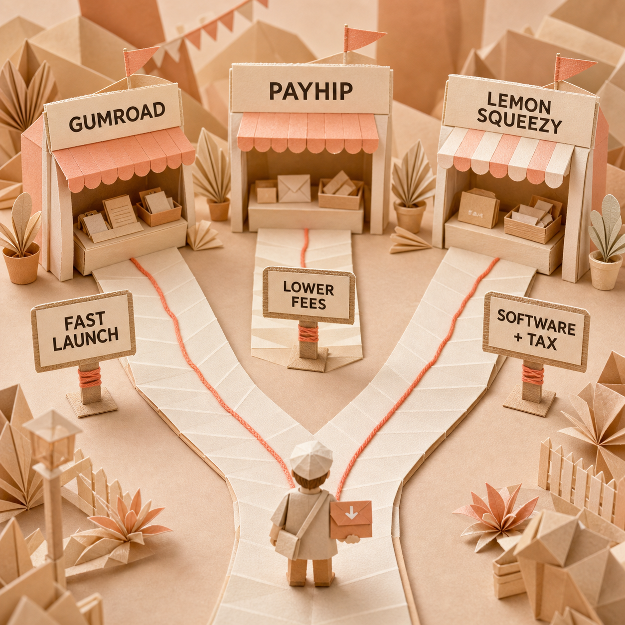 Decision flow for choosing Gumroad, Payhip, or Lemon Squeezy