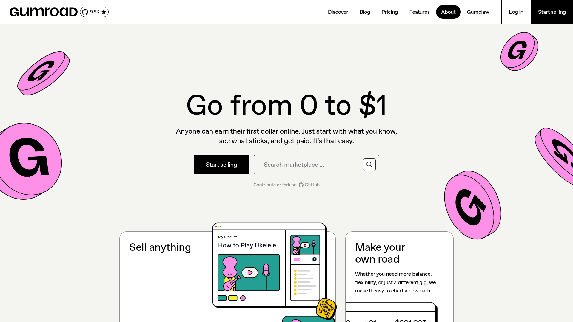 Gumroad homepage showing its creator commerce proposition