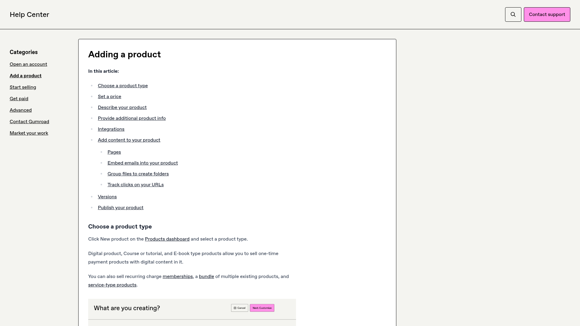 Gumroad Help Center product creation workflow