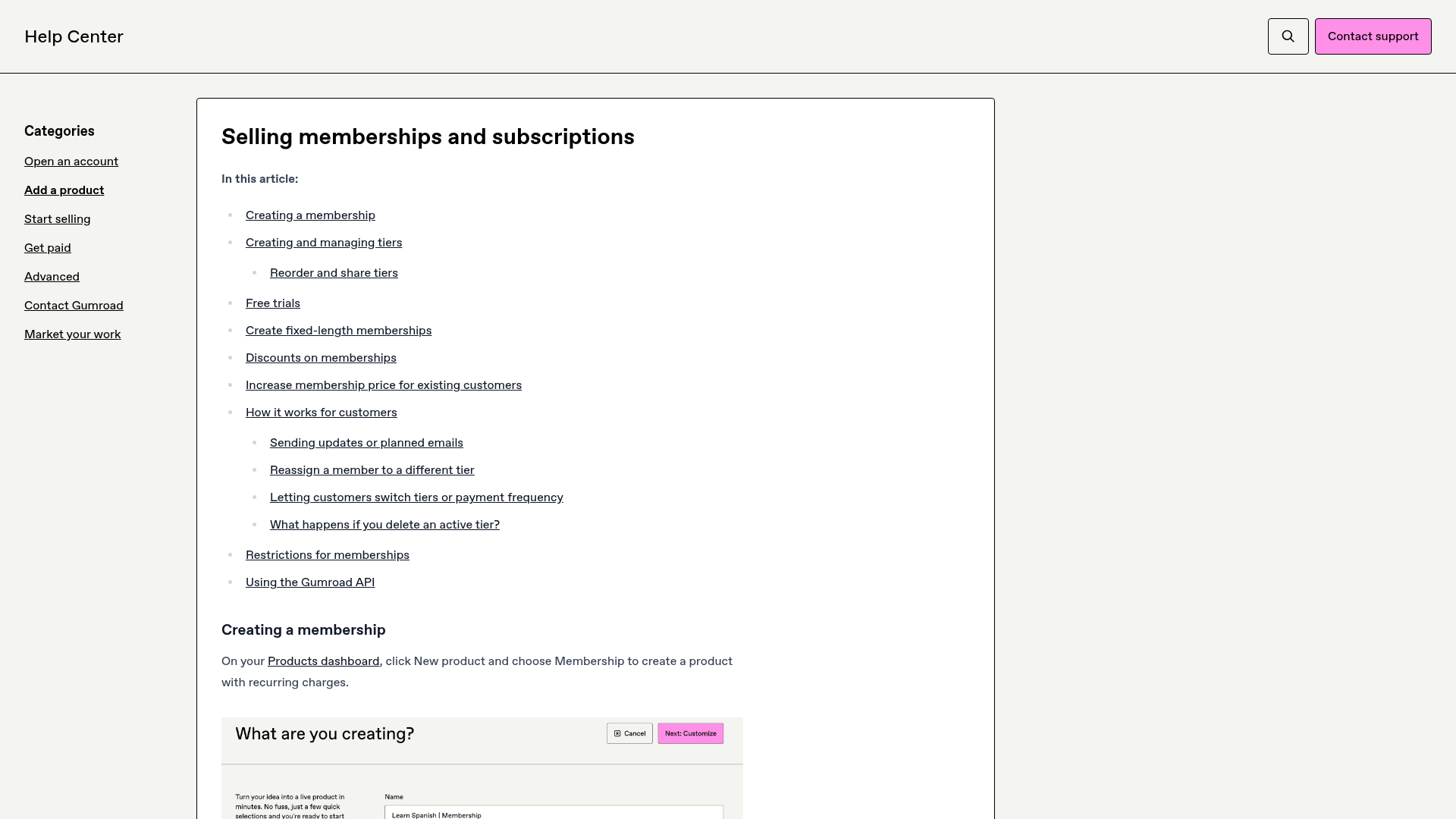 Gumroad Help Center membership tiers and subscription workflow