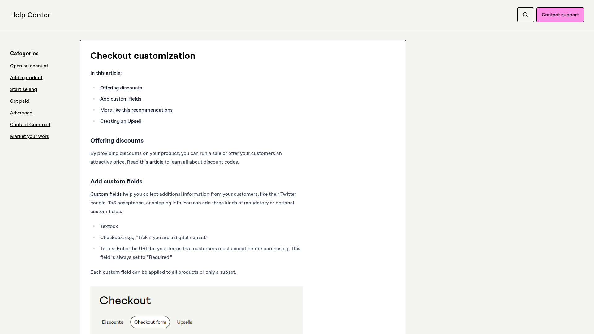 Gumroad Help Center checkout customization options