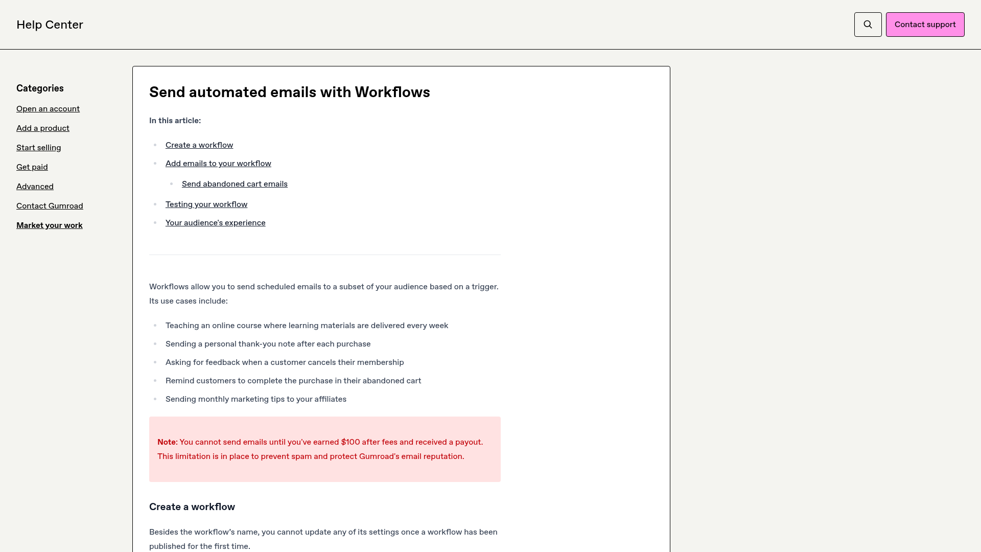 Gumroad Help Center automated email Workflows
