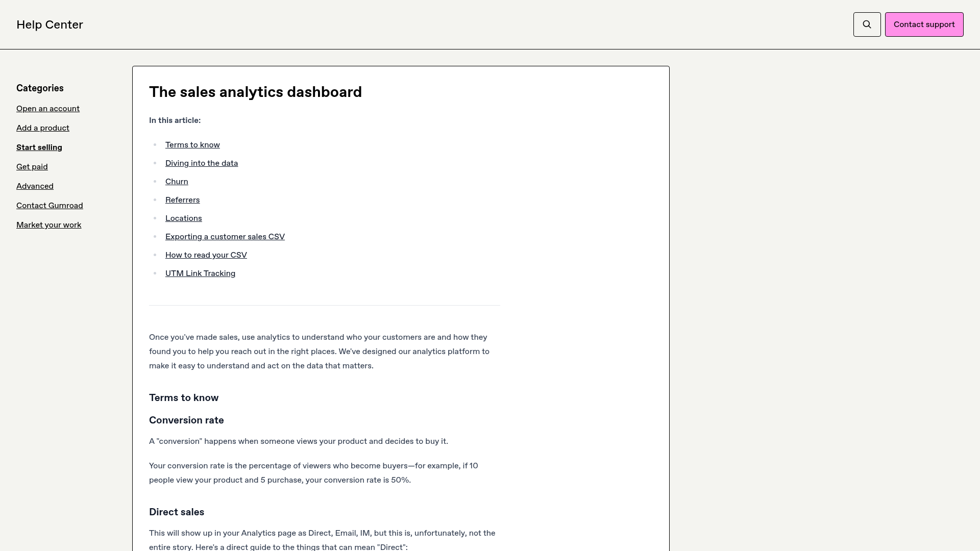 Gumroad Help Center sales analytics dashboard