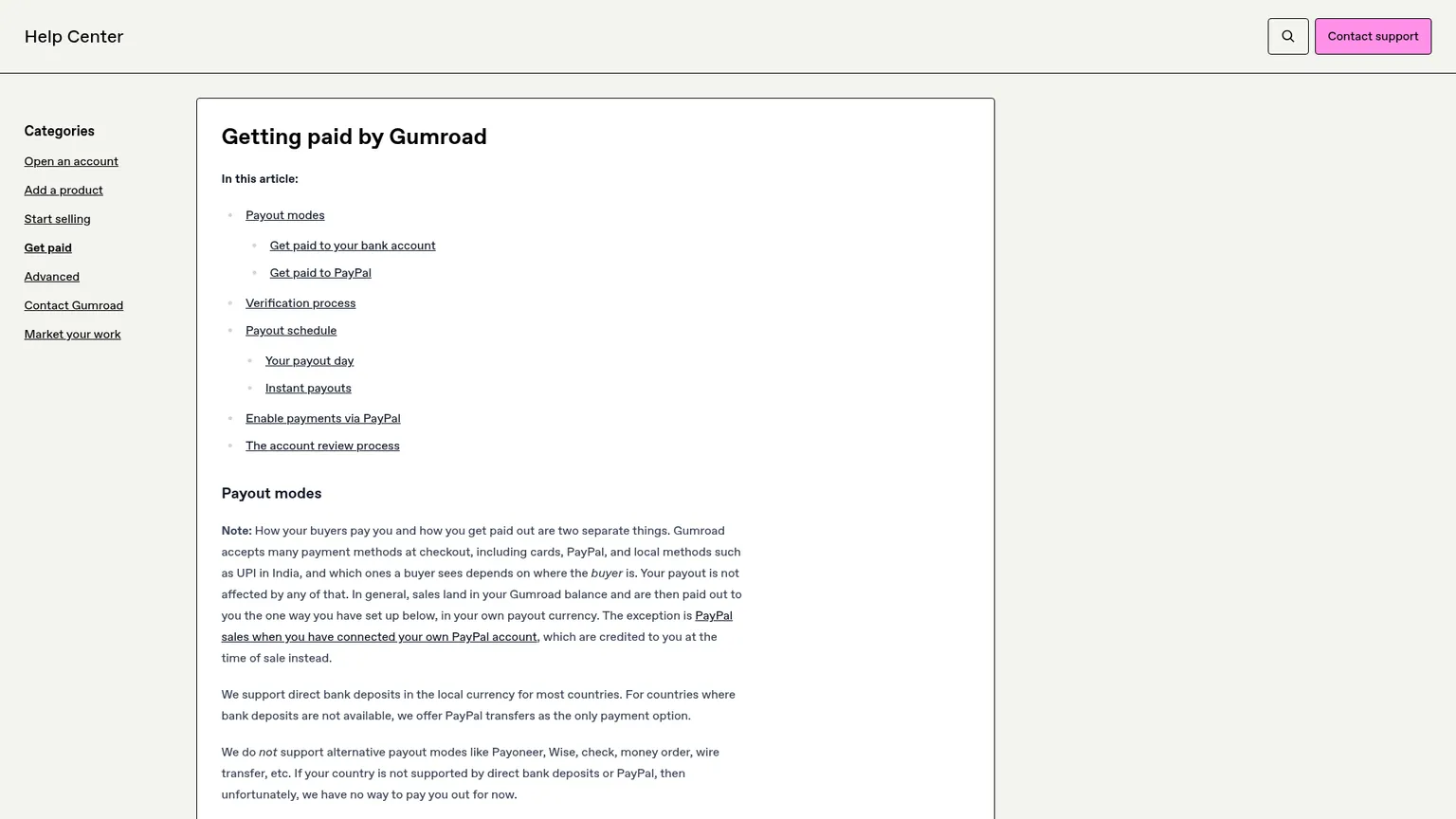 جدول صرف الأرباح وقواعد مراجعة الحساب من مركز مساعدة Gumroad