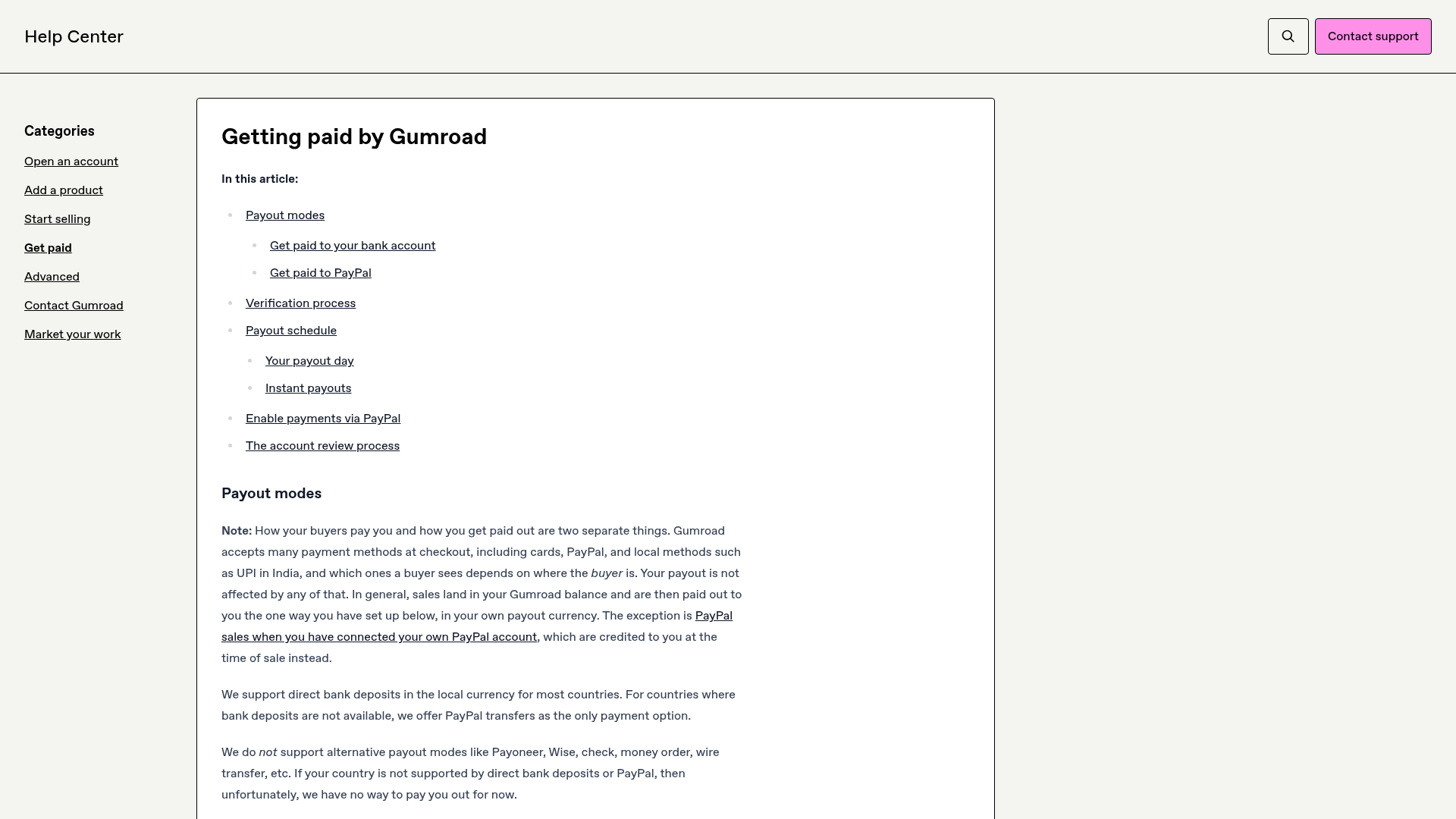 Gumroad Help Center payout schedule and account review rules