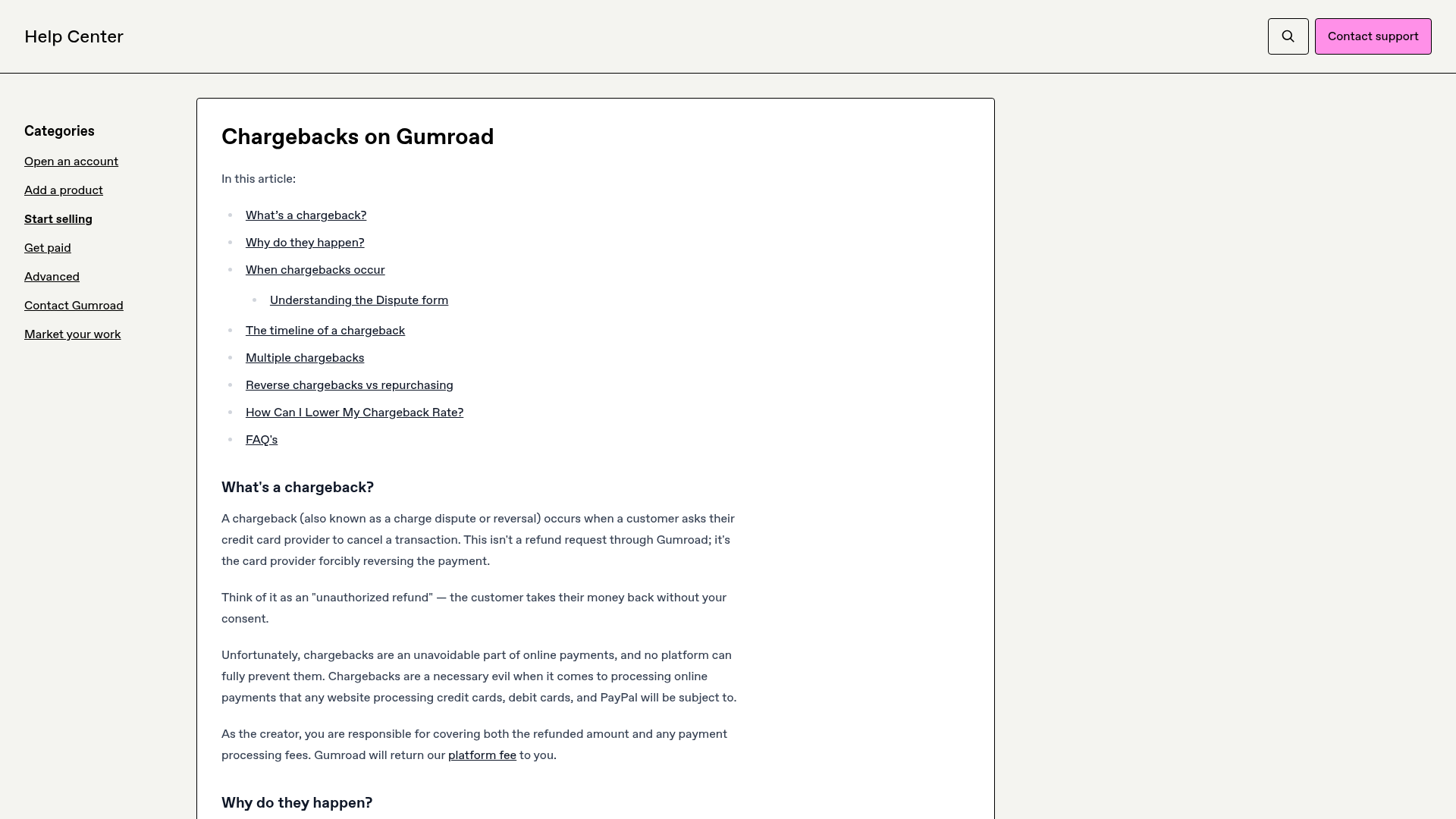 Gumroad Help Center chargeback thresholds and refund policy