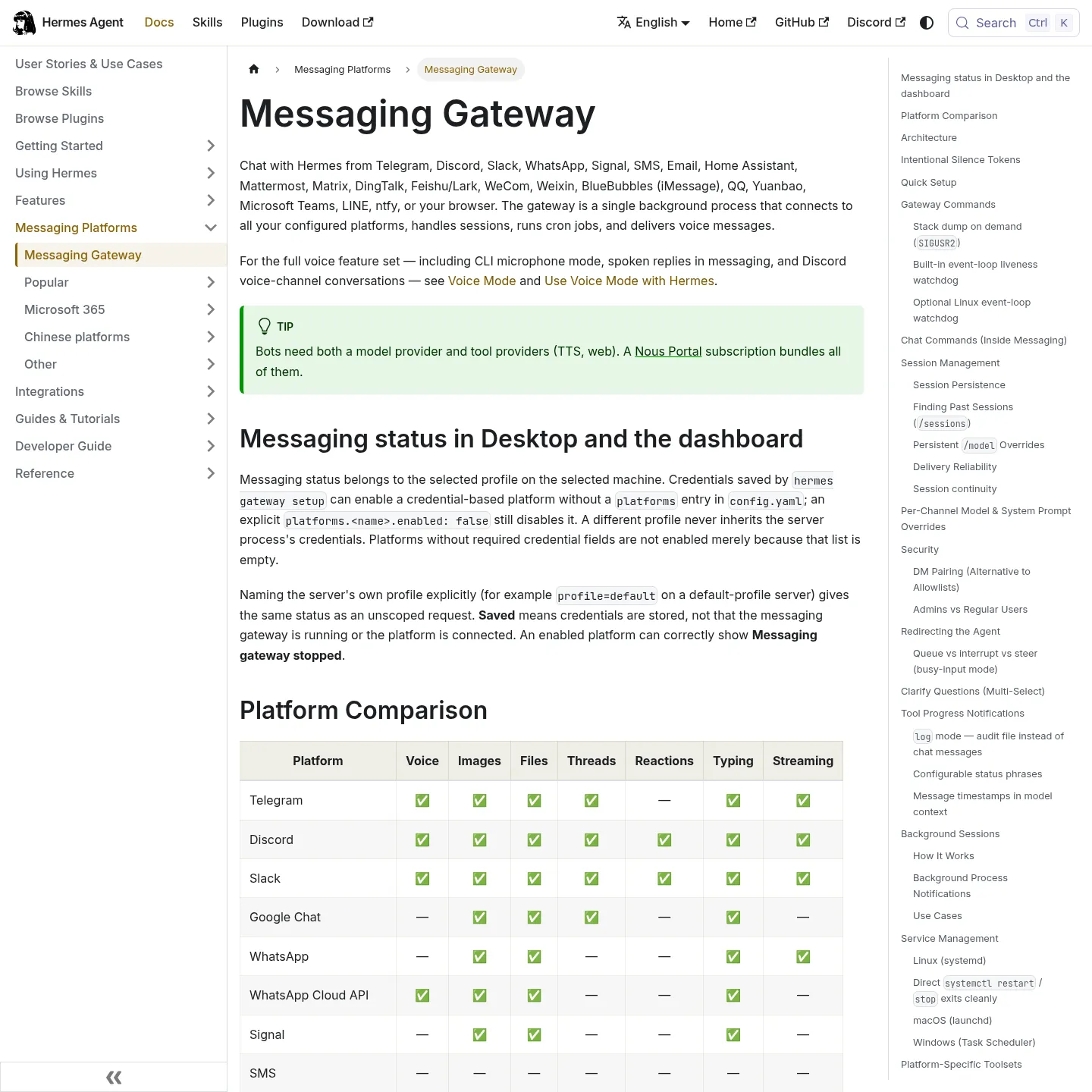 Hermes-Agent-Dokumentation zur Gateway-Einrichtung und zu unterstützten Chatplattformen
