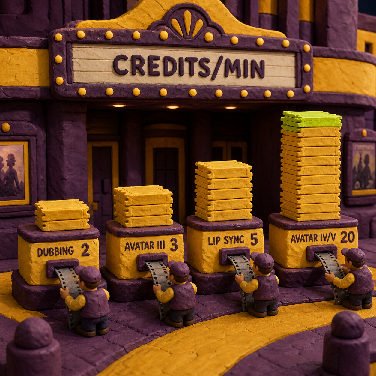 Clay ticket stacks comparing HeyGen credit use per minute for dubbing, Avatar III, lip sync, and Avatar IV or V