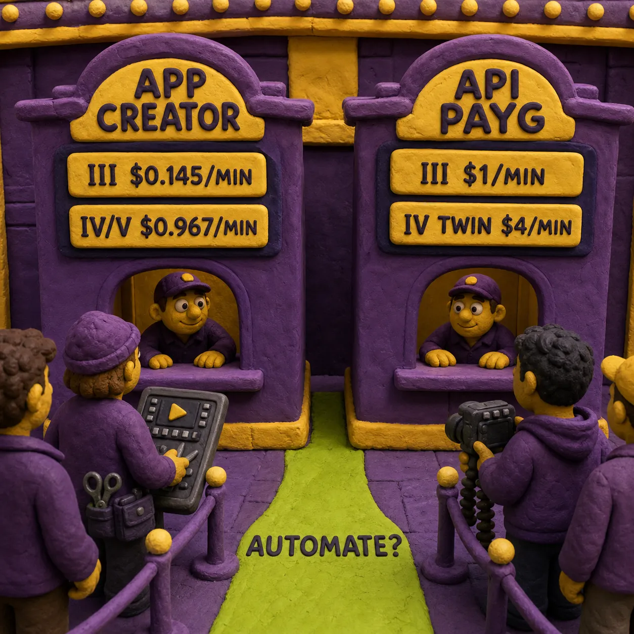 Biglietterie cinematografiche in argilla che confrontano il costo al minuto dell'app HeyGen Creator e delle API pay-as-you-go