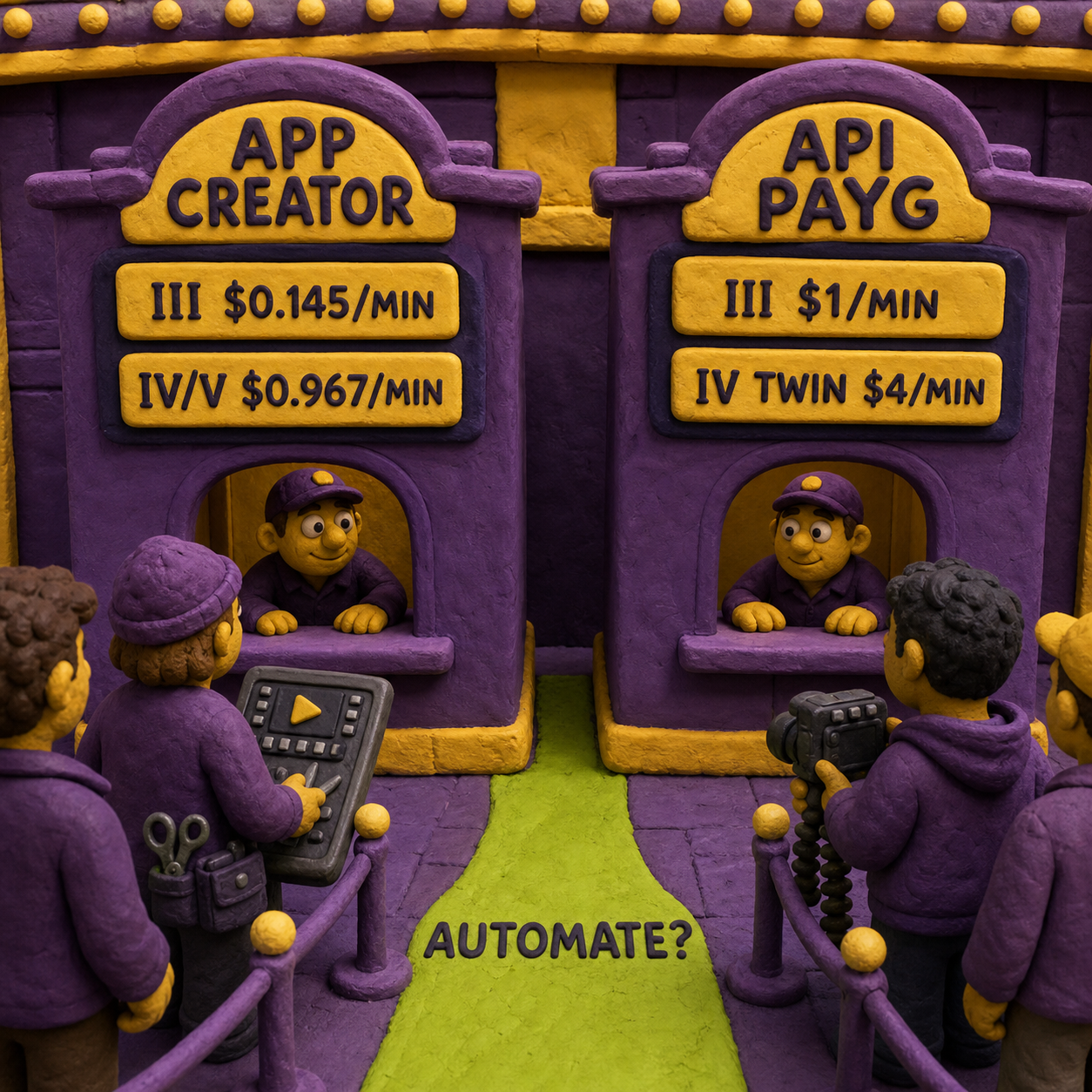 Clay cinema ticket booths comparing HeyGen Creator app and pay-as-you-go API cost per minute