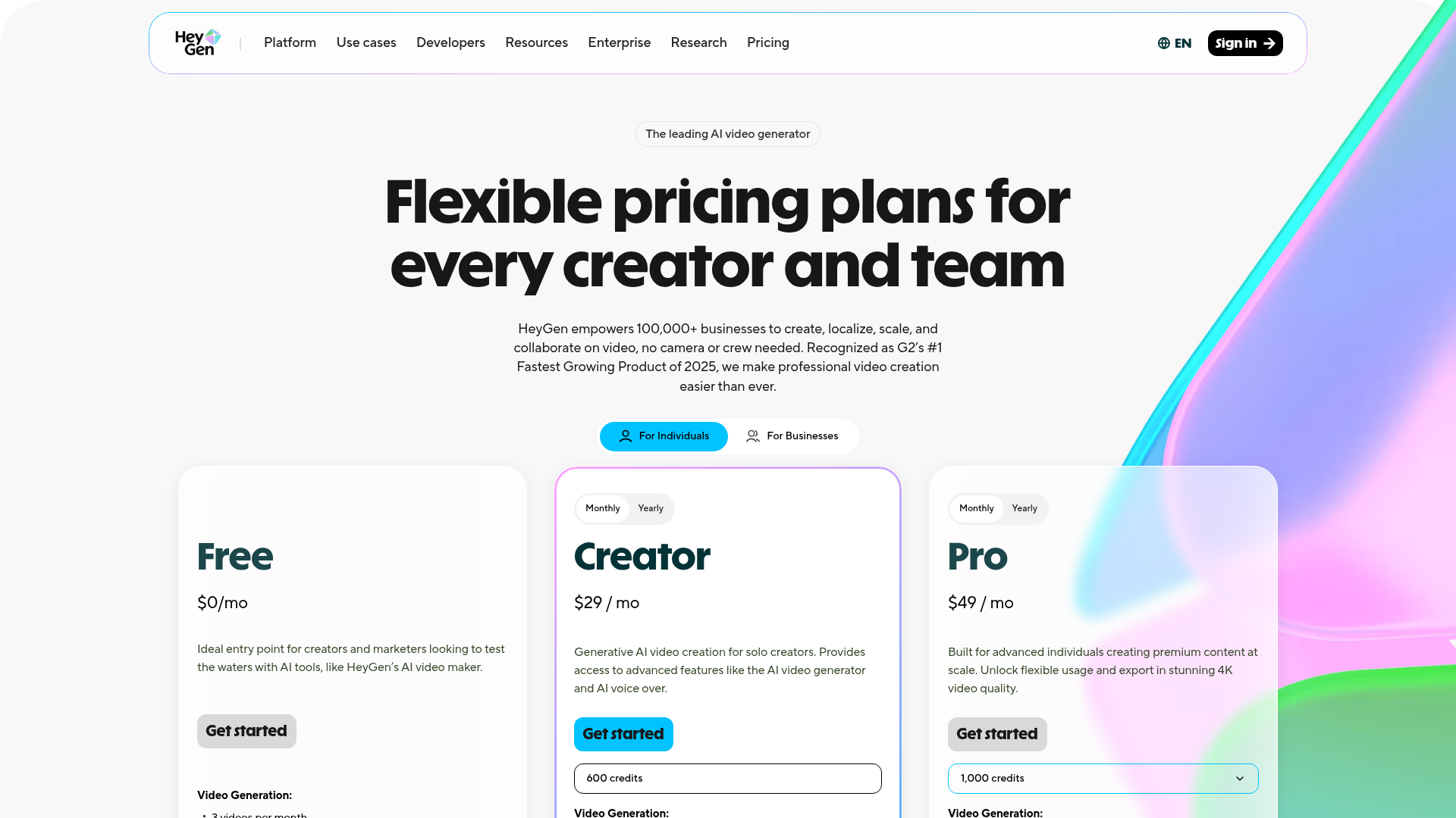 HeyGen pricing page showing Free, Creator, Pro, Business, and Enterprise plans