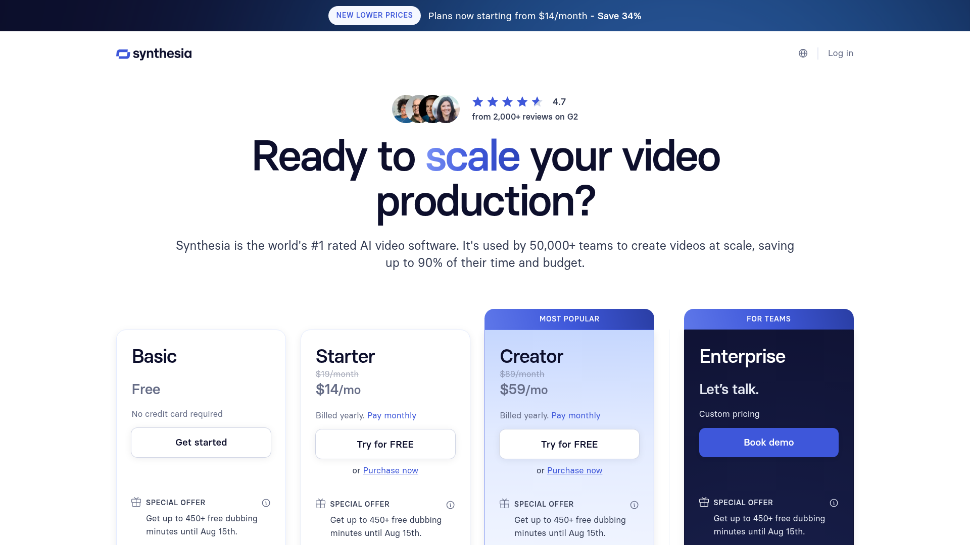 Synthesia pricing page showing Basic, Starter, Creator, and Enterprise plans