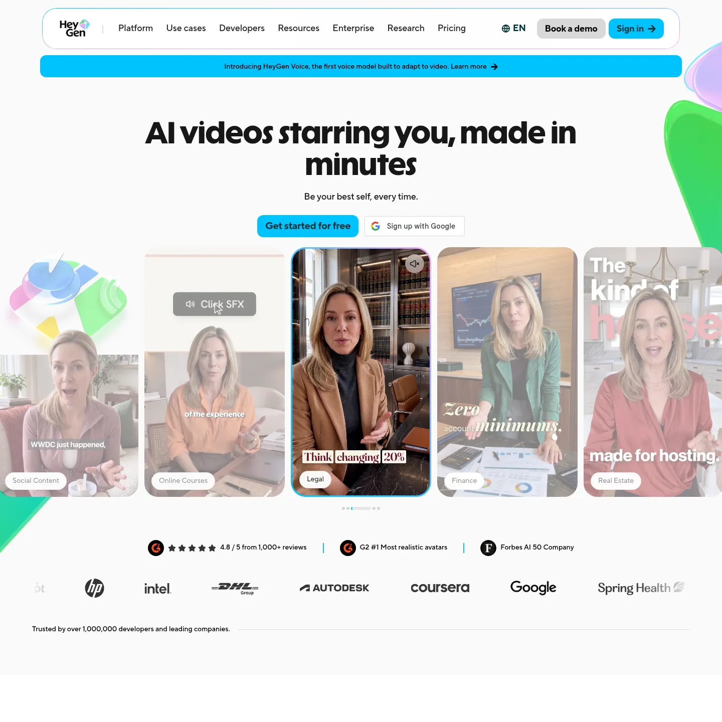 الصفحة الرئيسية لـHeyGen تعرض منتج فيديو الشخصيات الرقمية وخيارات الإنشاء