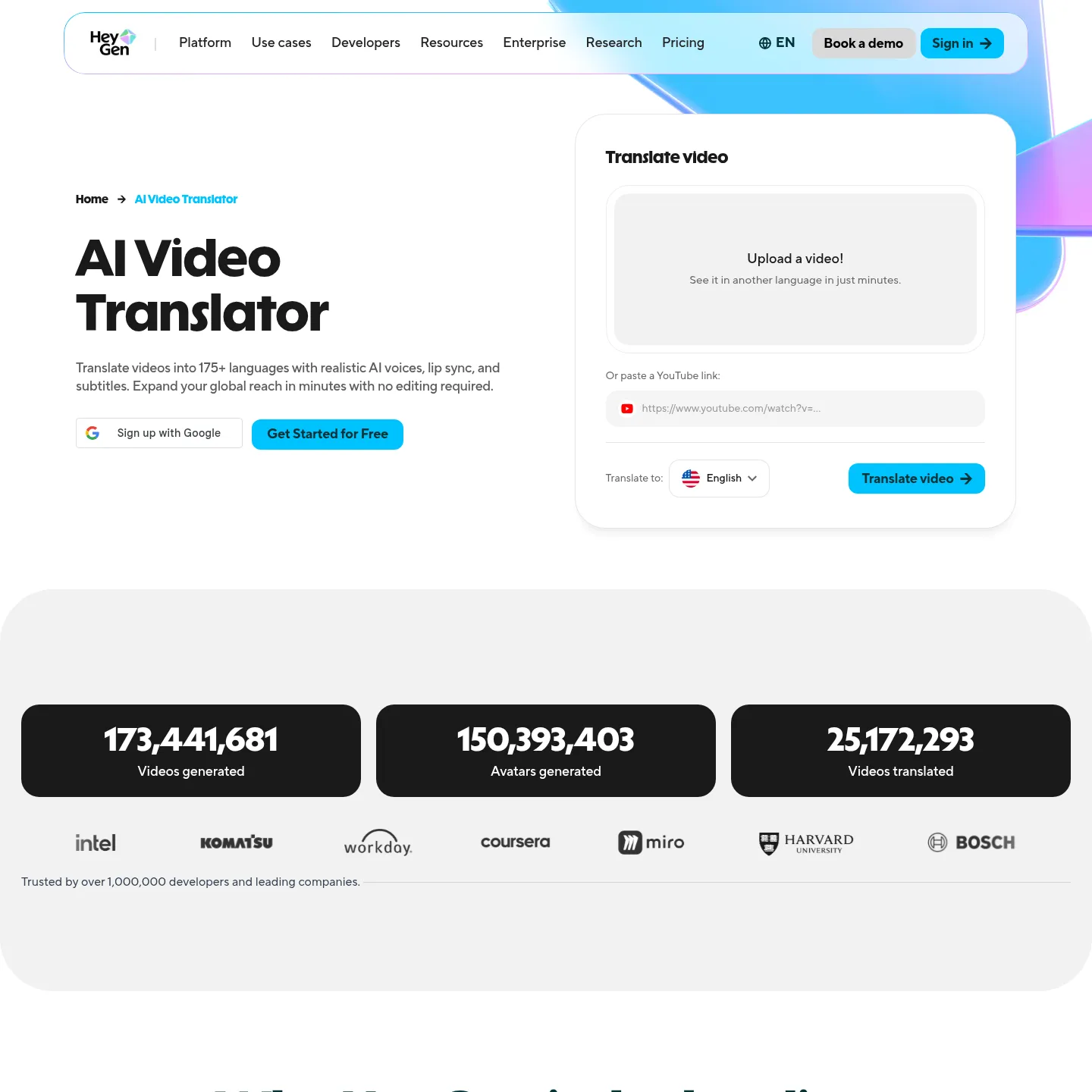 صفحة مترجم الفيديو في HeyGen تعرض رفع الفيديو واختيار اللغة المستهدفة