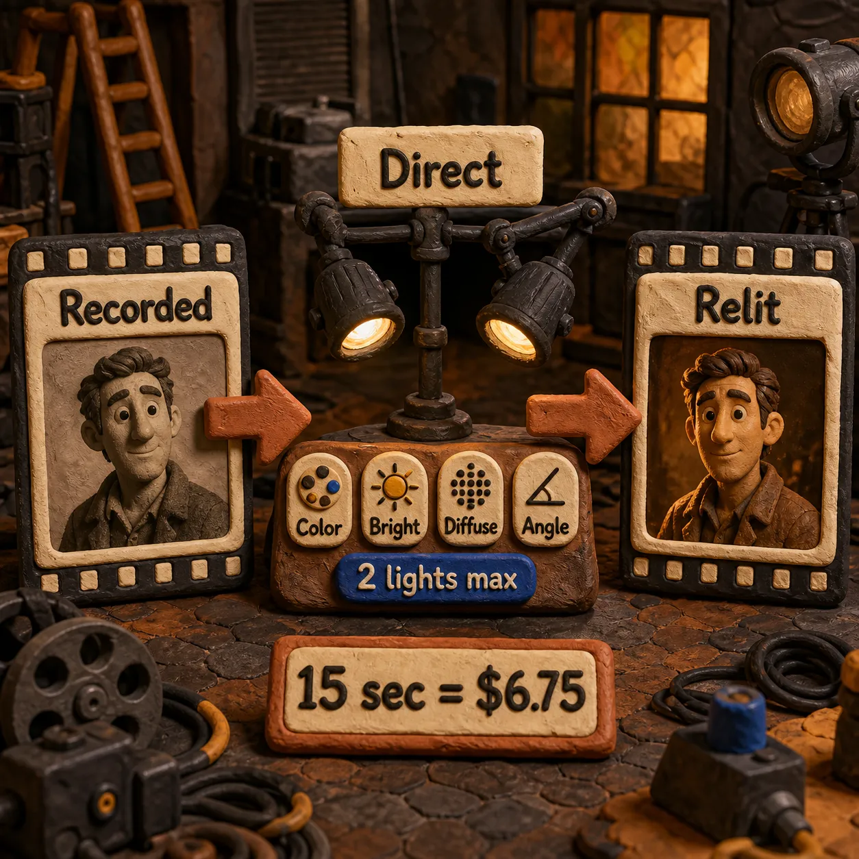 Infografica stile plastilina in tre passaggi che mostra una clip registrata che attraversa i controlli di direzione della luce fino all'output con nuova illuminazione