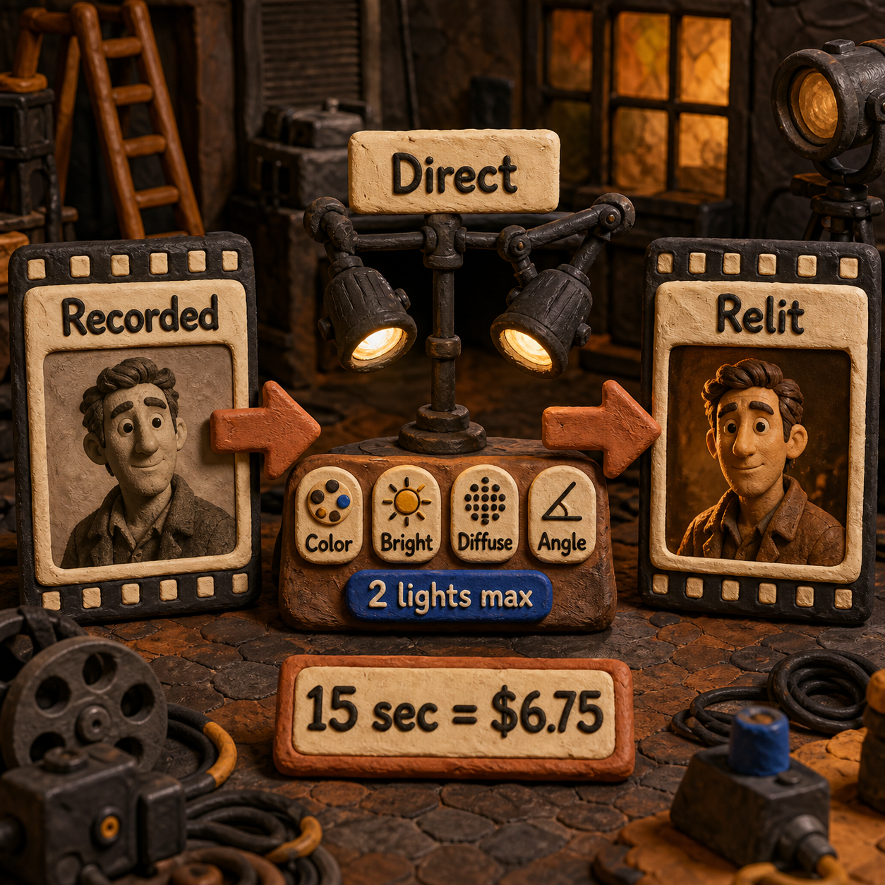 A three-step plasticine infographic showing a recorded clip moving through light direction controls into a relit output