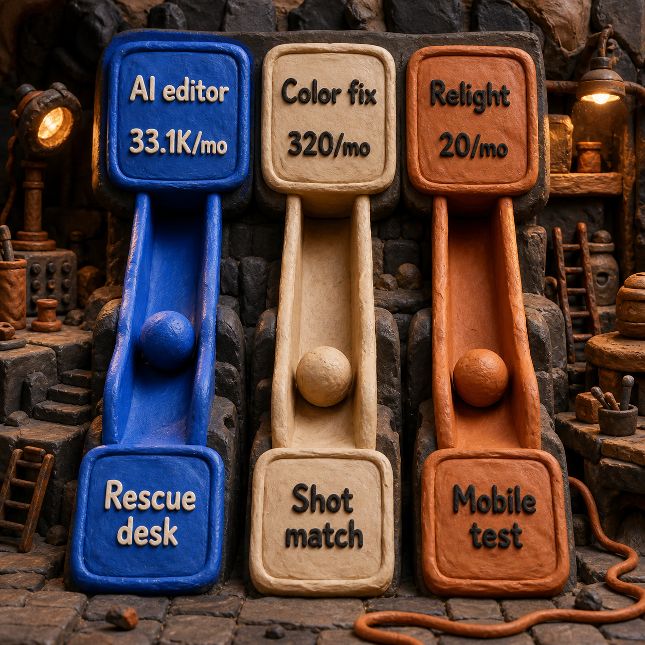 A sculpted market map connecting AI video editor, color correction, and direct relighting search demand to three product opportunities
