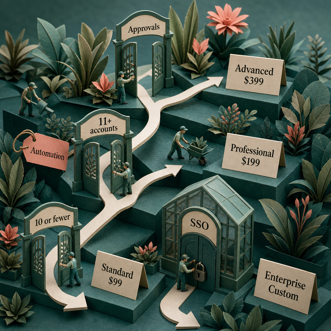 Paper greenhouse decision flow routing buyers to each Hootsuite plan