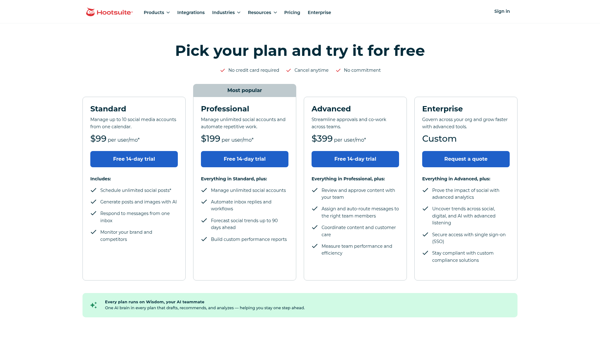Hootsuite pricing page showing Standard, Professional, Advanced, and Enterprise plans