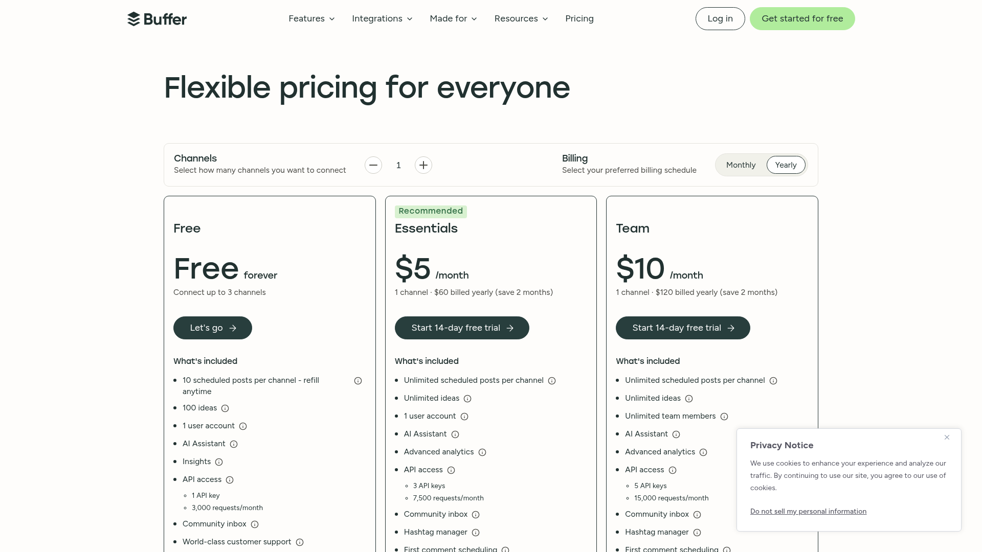 Buffer pricing page showing Free, Essentials, and Team plans