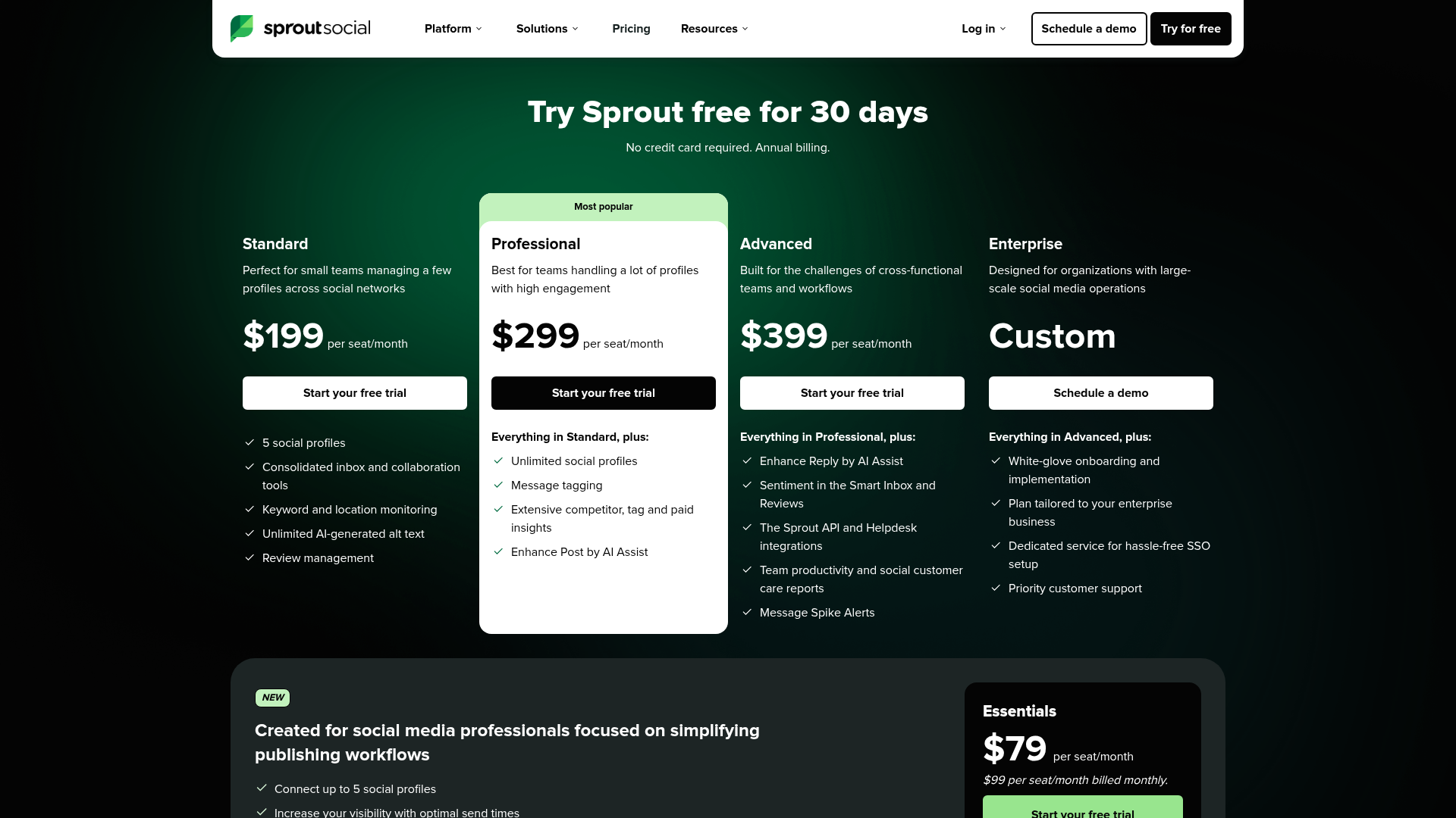 Sprout Social pricing page showing Essentials, Standard, Professional, Advanced, and Enterprise plans