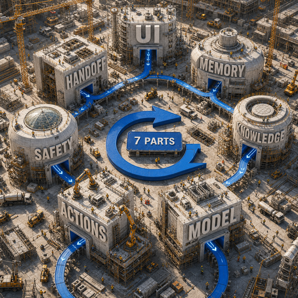 Seven-part chatbot architecture showing interface, memory, knowledge, model, actions, safety, and handoff
