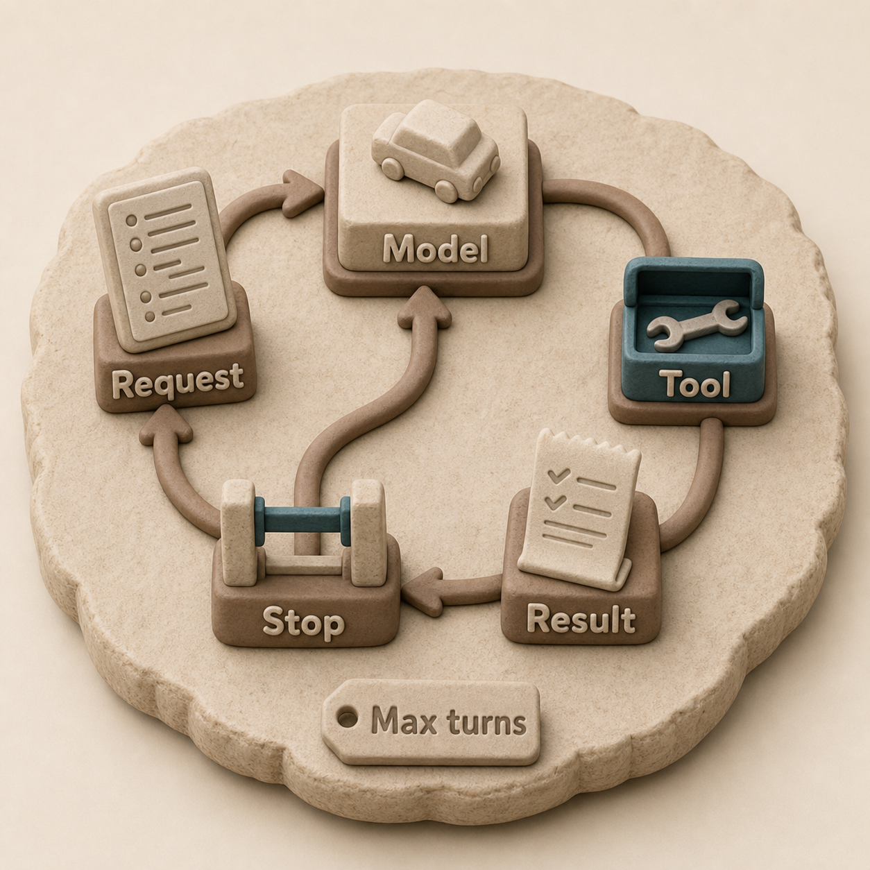 Clay infographic showing an AI agent loop from request to model to tool to result