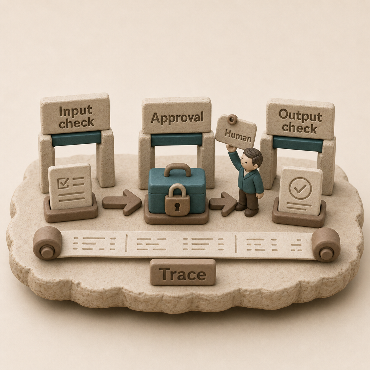 Clay safety flow showing input check, tool approval, output check, human review, and trace