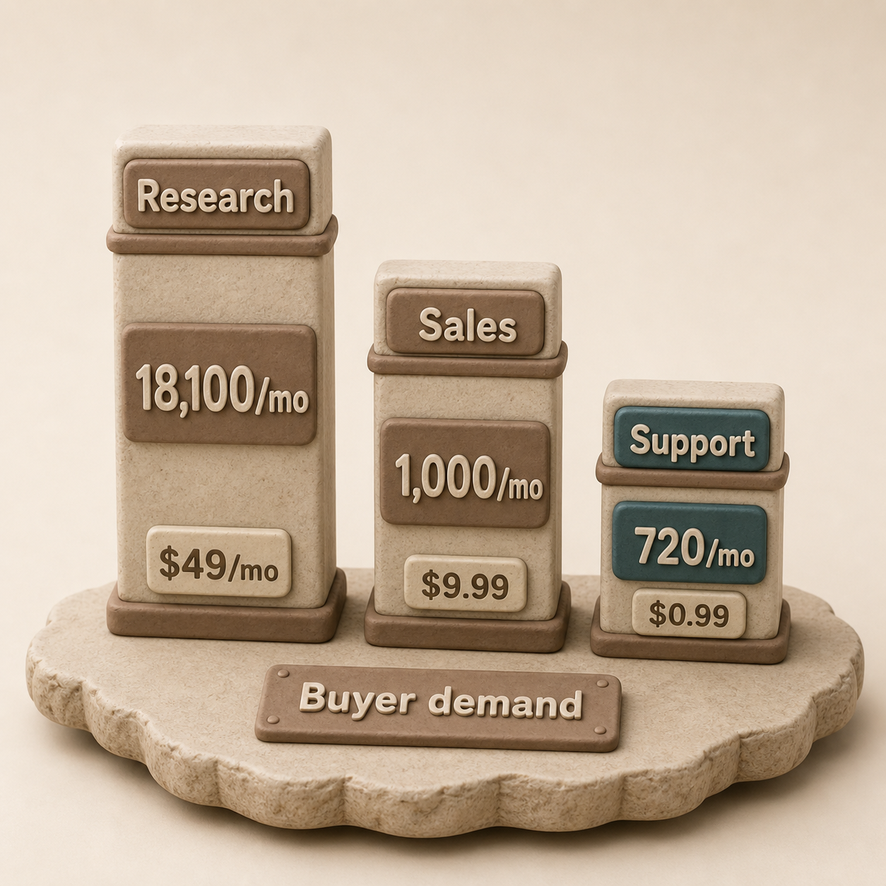 Clay market comparison showing monthly demand for research, sales, and customer support AI agents