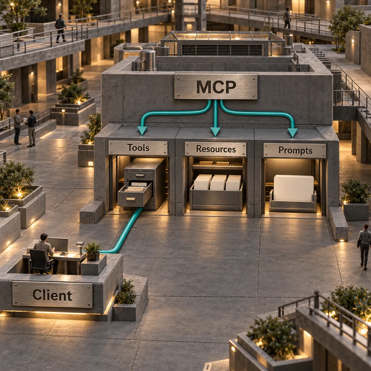 An architectural MCP service desk with separate tools, resources and prompts bays connected to a client