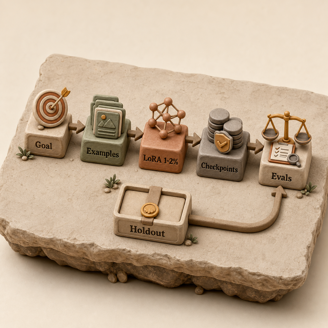 Five-stage clay workflow from goal and examples through LoRA, checkpoints, and evaluations