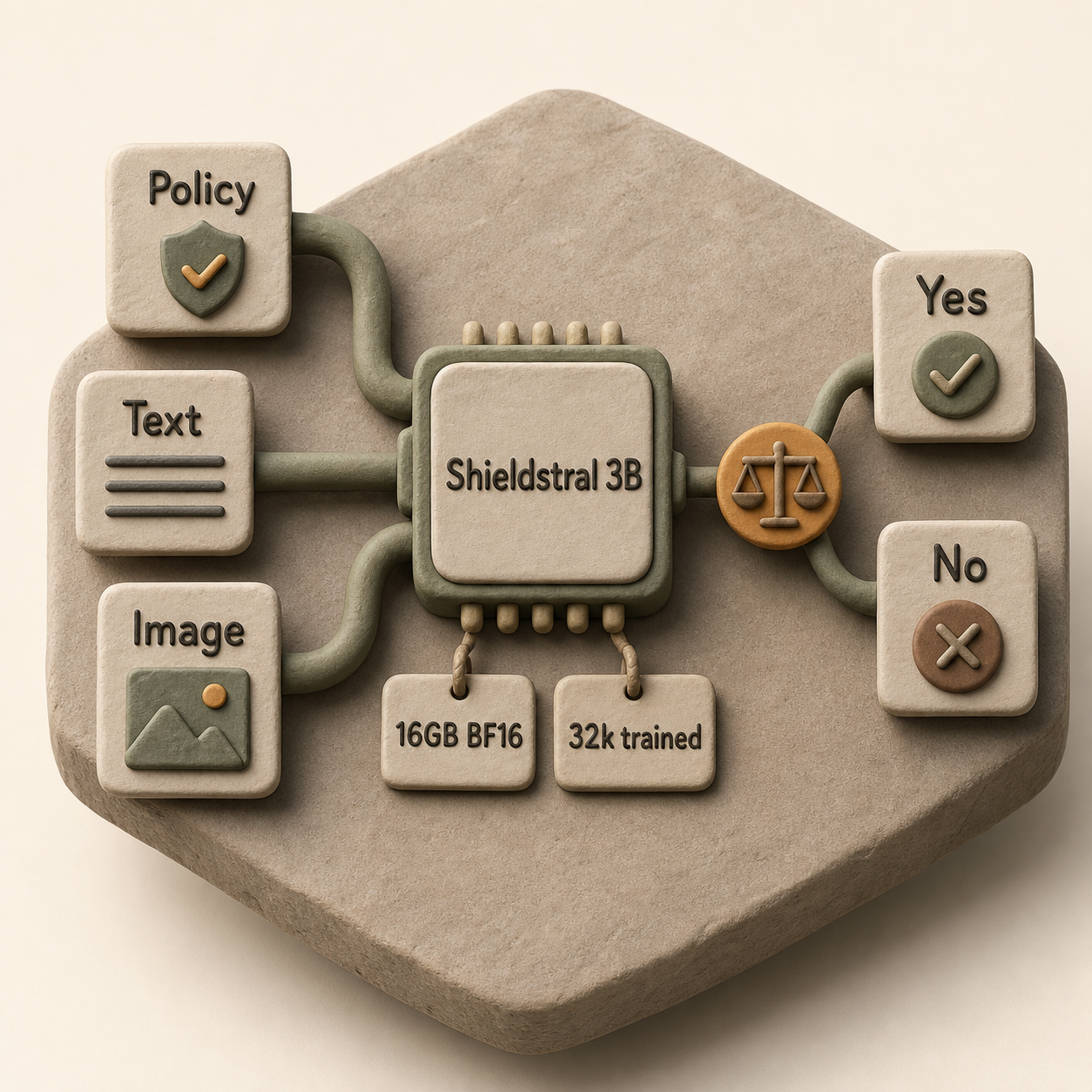 Clay moderation flow showing policy, text, and image inputs entering Shieldstral and producing a yes or no score